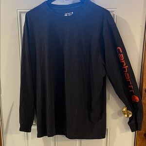 Carhartt Men's Dark Gray Long Sleeve Tee with Red Carhartt Sleeve Logo.